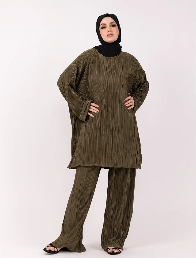 Olive Midi Plisse Co Ord